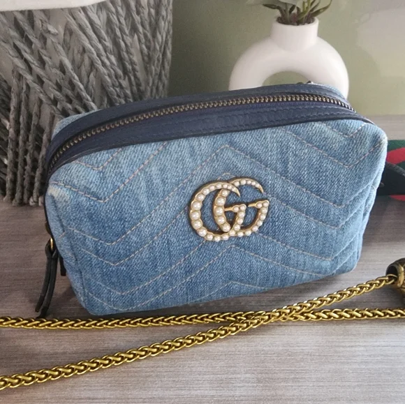 Gucci Marmont Denim Pouch Crossbody Bag Pearl GG Logo - Picture 13 of 13